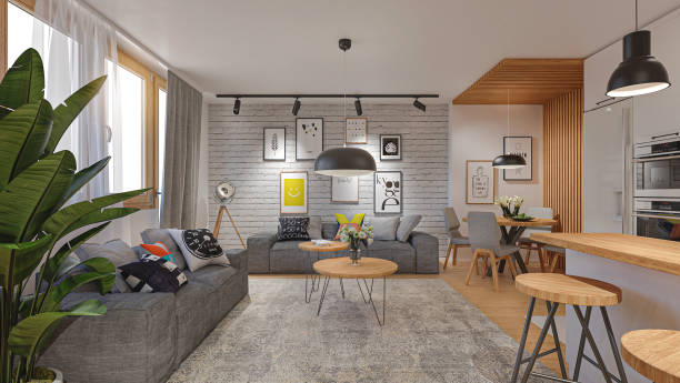 Rendered image of a modern apartment with connected living room and kitchen Render of a beautiful white domestic living room and kitchen with wooden elements. domestic kitchen cabinet elegance showcase interior stock pictures, royalty-free photos & images