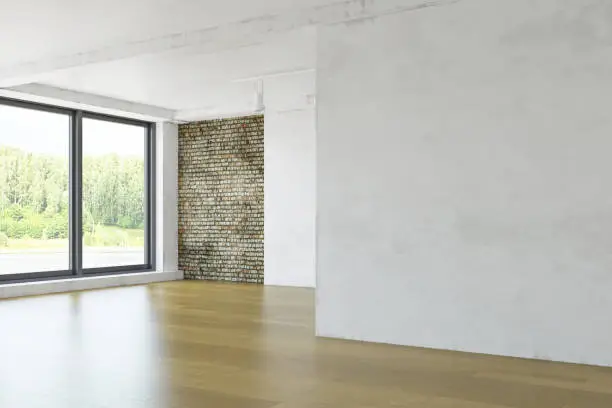 Modern Interior Room with Dirty Brick and White Plaster  Wall with Wooden Floor, Big Windows, Minimalistic Décor, Stylish Empty Space, Fashion Conceptual Style, 3D Rendering Graphic Design