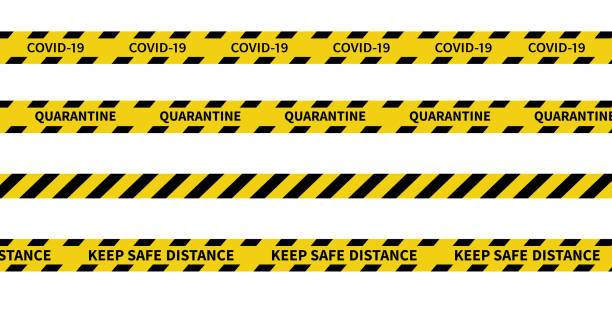 Warning Covid-19 quarantine tapes. Black and yellow line striped. Vector illustration Warning Covid-19 quarantine tapes. Black and yellow line striped. Vector illustration barricade tape stock illustrations