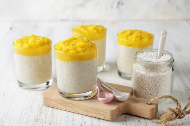 Tapioca pudding with mango puree on a white background