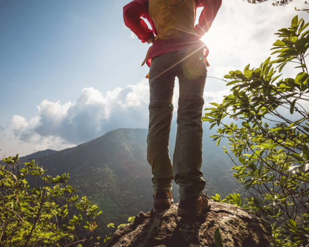 istock Successful hiker enjoy the view on mountain top cliff edge 1220690461