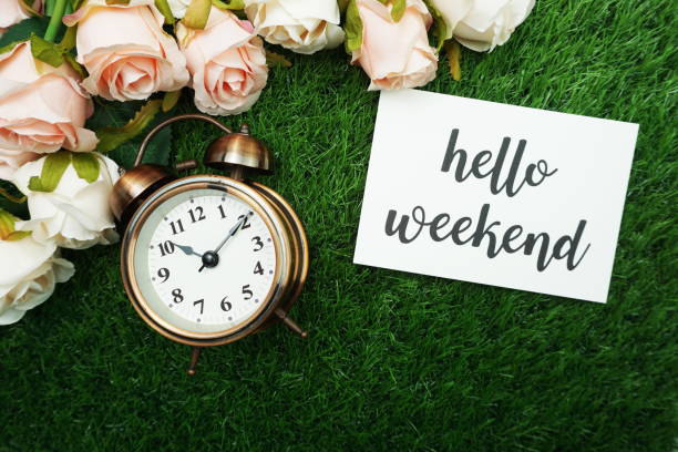 istock Hello Weekend Card and Alarm clock 1220692660