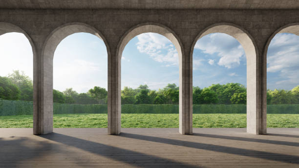 Contemporary Arch corridor with green garden view. 3D illustration