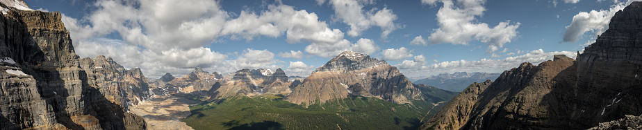 Mount Temple located above Larch Valley and the mountains nearby - panoramic view from Fay Glacier in Banff National Park, Alberta, Canada