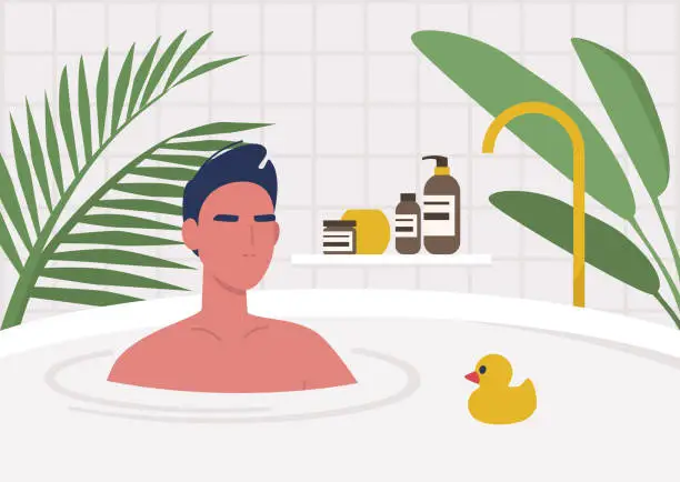 Vector illustration of Young male character taking a bath, modern lifestyle, boho chic interior with plants and cosmetics