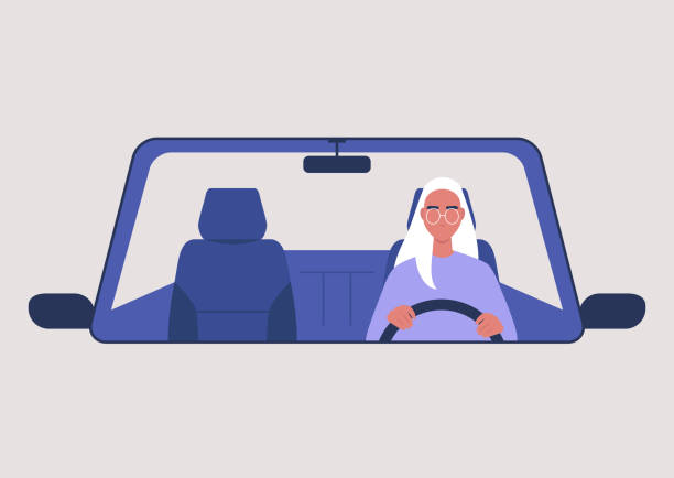 Young female character driving a car, millennial lifestyle Young female character driving a car, millennial lifestyle glass showroom stock illustrations