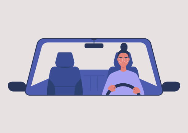 illustrazioni stock, clip art, cartoni animati e icone di tendenza di giovane personaggio femminile alla guida di un'auto, stile di vita millenario - automobile illustrazioni