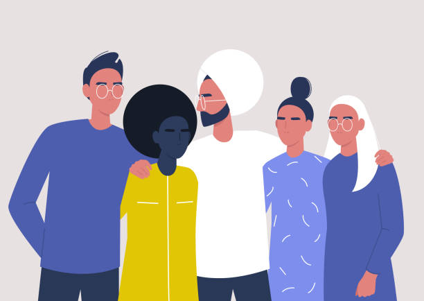 A diverse group of young people hugging each other, community support A diverse group of young people hugging each other, community support contrasts illustrations stock illustrations