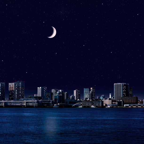 Crescent moon rising over the Tokyo bay area with copy space.