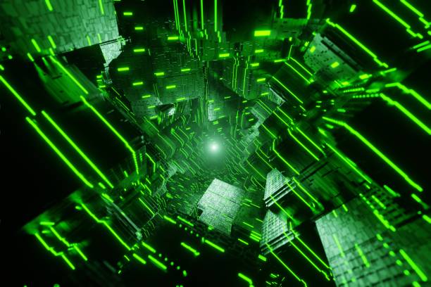 istock Sci-fi city futuristic stream Data Communication flying into digital technologic tunnel animation 3D rendering 1220701055