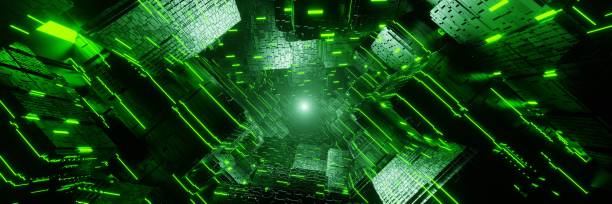 istock Sci-fi city futuristic stream Data Communication flying digital technologic tunnel panorama animation 3D rendering 1220701057