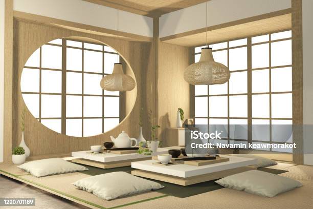 Tropical Interior Design With Sofa For Living Room Japanese Style 3d Rendering Stock Photo - Download Image Now