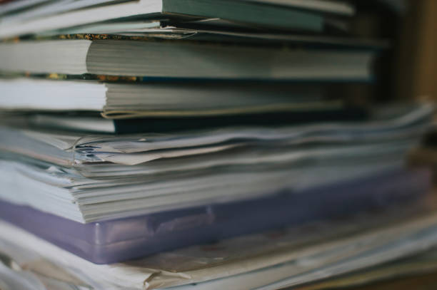 istock Piled heap high recycle documents folders, Stack business paper on desk messy or paperwork in office. Old Document achieves in print folder doc forms, use recycling for save 1220701203