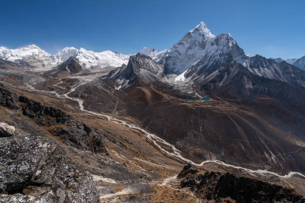 istock Ama Dablam mountain peak view from Dingboche view point in Everest base camp trekking route, Himalaya mountains range in Nepal 1220705624