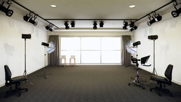 istock News studio white room design Backdrop for TV shows.3D rendering 1220705644