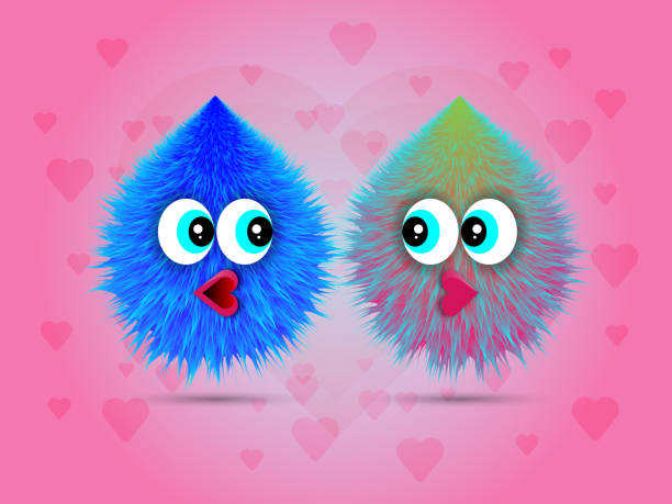 ilustraciones, imágenes clip art, dibujos animados e iconos de stock de monstruos románticos azules y rosados en el diseño de fondo de corazón rosa. ilustración vectorial. - monster alien love animal