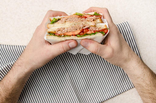 Wrapped Tuna sandwiches with lettuce tomatoes and onions cut in half in caucasian model's hand over kitchen napkin