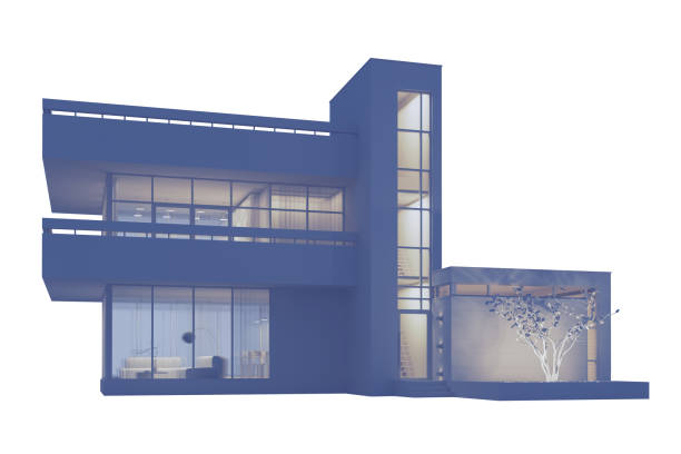 istock A modern house with a balcony and a high staircase, a project in gray materials with night lighting and light from the windows on a white background. 3D stock illustration. 1220706616