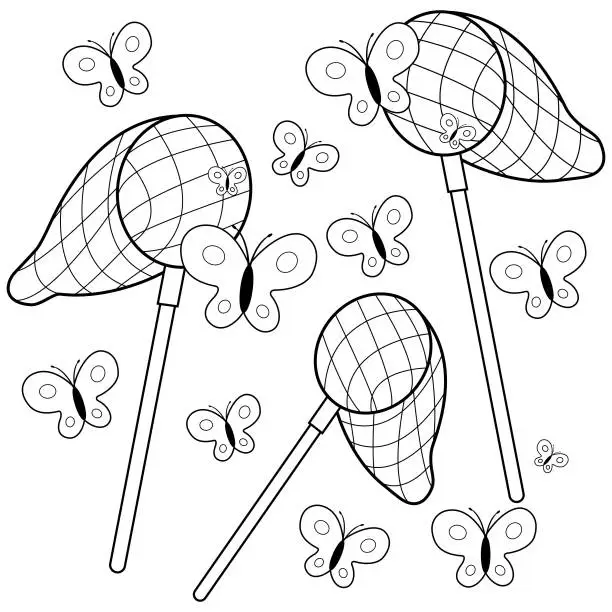 Vector illustration of Butterfly nets catching butterflies. Vector black and white coloring page