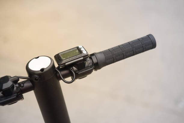 istock Close up display screen and power button on electric scooter handlebar 1220709364