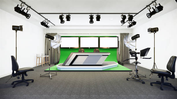 istock News studio white room design Backdrop for TV shows.3D rendering 1220710001