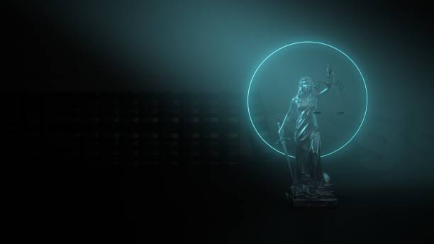 istock Lady justice statue with a nimbus on the table. 3d illustration. 1220710107