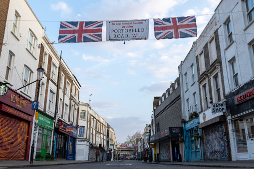 London, UK - April 11, 2020: An abnormal quiet on what would have been the beginning of a busy market day on Portobello Road in London's Notting Hill. UK Coronavirus lockdown.