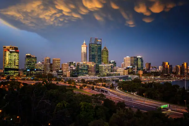 skyline of Perth with city central business district at the sunset sky