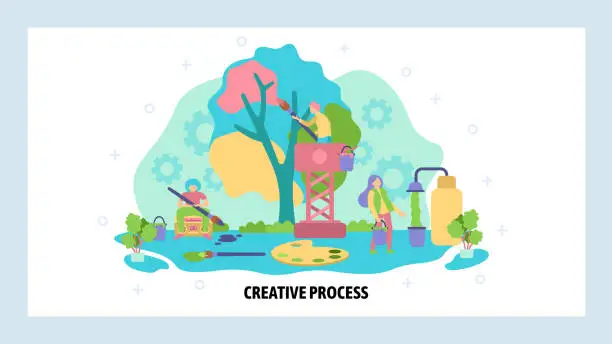 Vector illustration of Creative artists paint tree. Art, design and creativity concept. Painting palette, colors, people. Vector web site design template. Landing page website illustration.