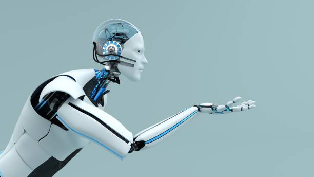assistente robot umanoide al tuo servizio. illustrazione 3d. - subjugate foto e immagini stock