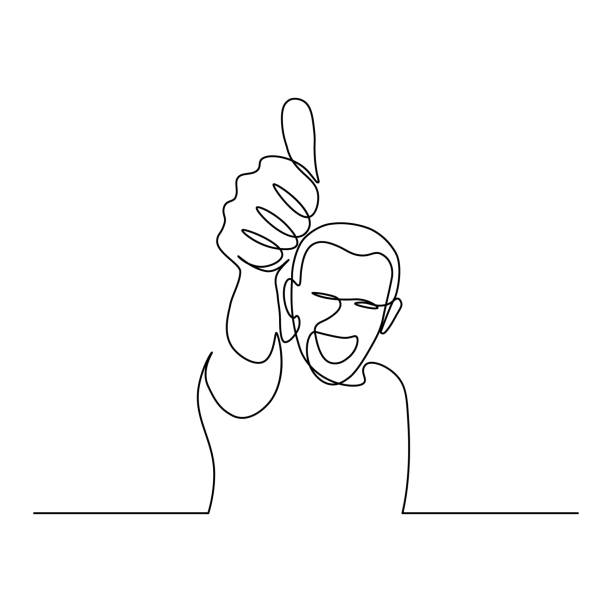 Man showing thumb up Happy smiling man with thumb up hand gesture in continuous line art drawing style. Person showing like sign minimalist black linear sketch isolated on white background. Vector illustration man presenting white background stock illustrations