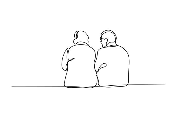 Elderly couple sitting together Elderly couple in continuous line art drawing style. Back view of senior people sitting together and talking. Minimalist black linear sketch isolated on white background. Vector illustration loving life stock illustrations