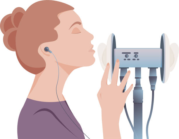 illustrations, cliparts, dessins animés et icônes de concept vector asmr. la jeune femme aux cheveux bruns utilise le microphone binaural pour faire le massage, le murmure, le bruissement. blogger appréciant le son. réponse méridienne sensorielle autonome. illustration - head massage audio