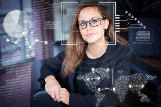 Woman sitting in lobby and virtual identification graphics