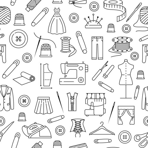 ilustrações de stock, clip art, desenhos animados e ícones de seamless pattern with flat line icons of sewing. background for sewing atelier, workshop. clothing repair. concept for web banners, site and printed materials. - sewing needlecraft product needle backgrounds