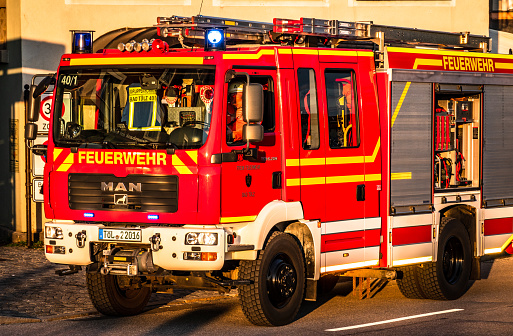 Bad Toelz, Germany - May 30: typical german fire brigade truck in the old town of Bad Toelz on May 30, 2019