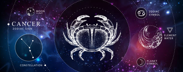istock Modern magic witchcraft card with astrology Cancer zodiac sign. Realistic hand drawing crab illustration. Zodiac characteristic 1220717428