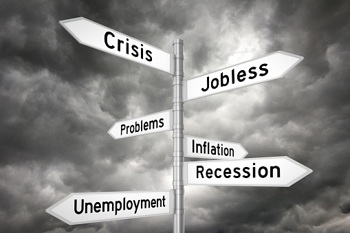 Crisis recession unemployment directional sign