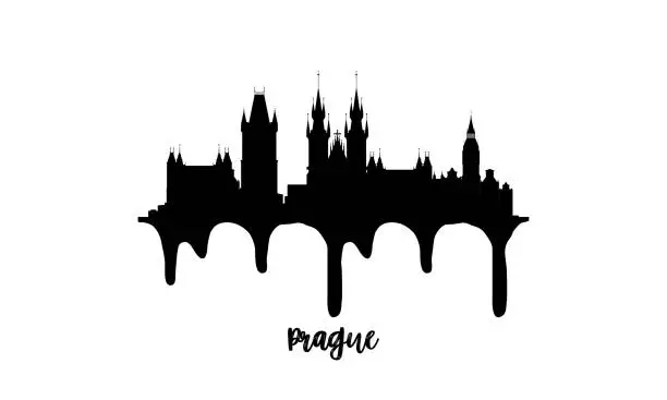 Vector illustration of Prague Czechia black skyline silhouette vector illustration on white background with dripping ink effect.