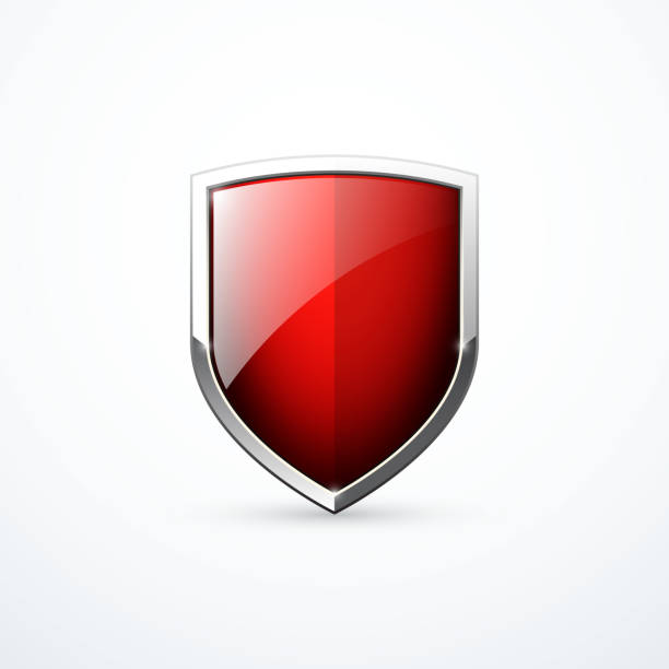 ilustrações de stock, clip art, desenhos animados e ícones de vector red metal shield icon - chrome insignia sign gear