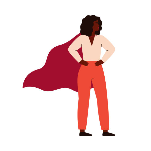 Strong superhero black woman wearing cape. Strong superhero black woman wearing cape. Feminism concept, girl power. Inspirational and motivational female character. Vector illustration in flat cartoon style. fearless stock illustrations