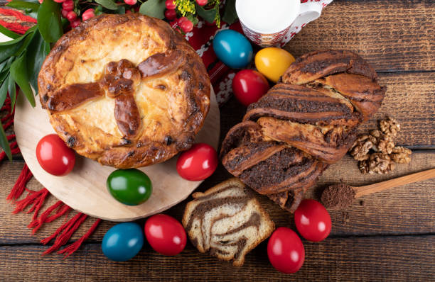 istock Traditional Romanian Easter table, homemade sweetbread 1220725765