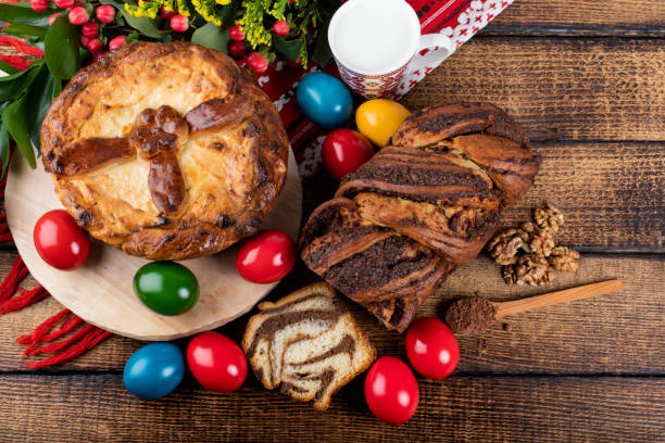 istock Traditional Romanian Easter table, homemade sweetbread 1220725777