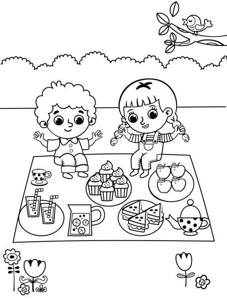 ilustraciones, imágenes clip art, dibujos animados e iconos de stock de página para colorear en tema de picnic - niña y niño libro para colorear