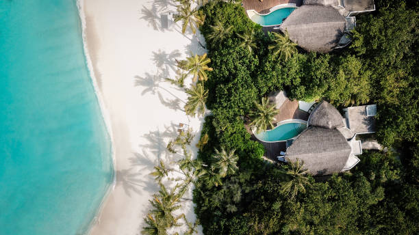 istock Maldives Island Beach Villas at Lagoon from above 1220728839