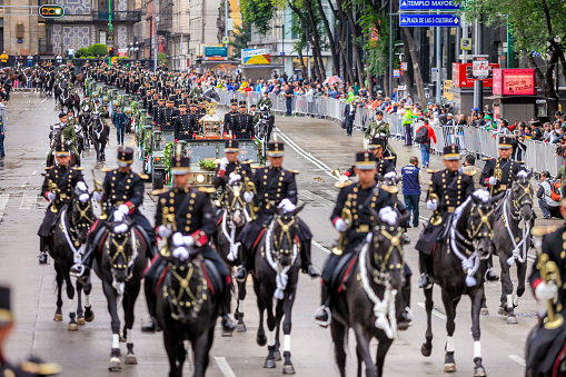 Mexico City, Mexico, July 30 -- A horse parade of the Mexican armed forces in the historic center of Mexico City on the occasion of the Anniversary of the Death of Miguel Hidalgo, religious and patriot protagonist of the war of independence in Mexico in 1810, who died on 30 July 1811.