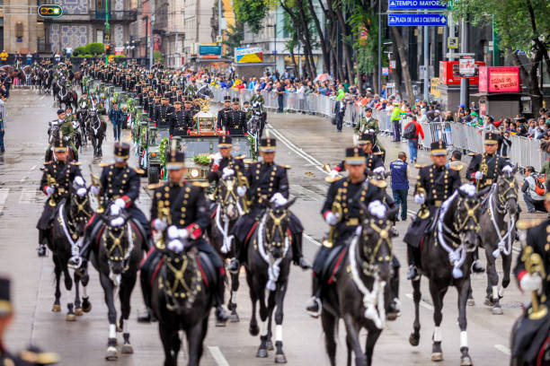 A solemn military parade in the historic center of Mexico City during the celebrations in honor of Miguel Hidalgo Mexico City, Mexico, July 30 -- A horse parade of the Mexican armed forces in the historic center of Mexico City on the occasion of the Anniversary of the Death of Miguel Hidalgo, religious and patriot protagonist of the war of independence in Mexico in 1810, who died on 30 July 1811. tank musician stock pictures, royalty-free photos & images