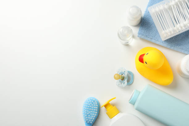 istock Baby hygiene accessories on white background, top view and space for text 1220730518