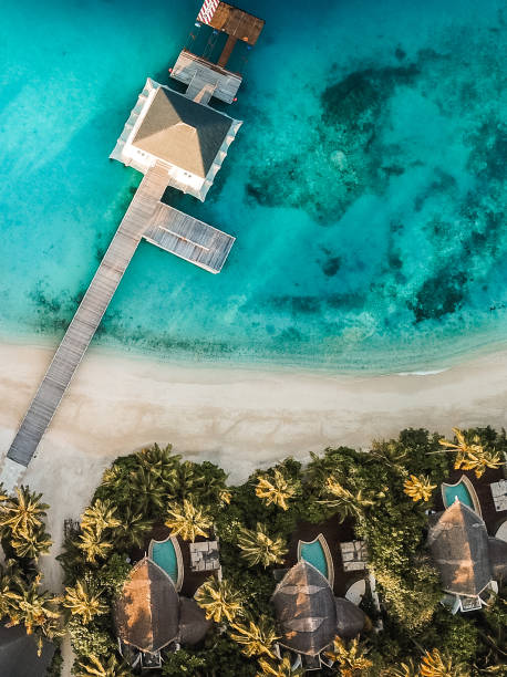 Tropical island resort from above Tropical island resort with swimming pool and arrival jetty at Maldives Indian Ocean atoll from above. jetty aerial stock pictures, royalty-free photos & images