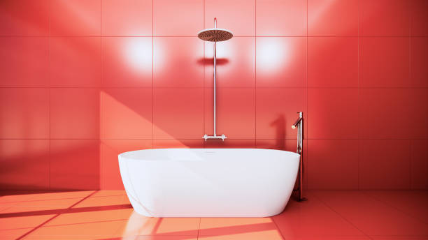 istock red Zen design Bath room tiles wall and floor - japanese style. 3D rendering 1220730961